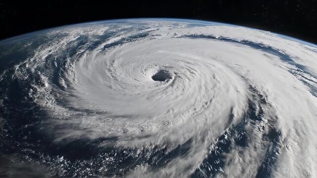 Earth with swirling hurricane and star-filled space