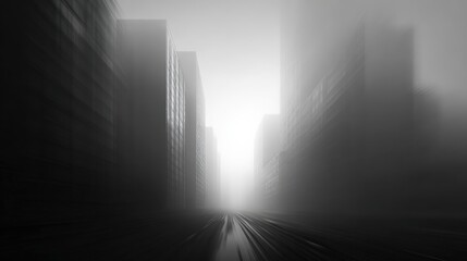 Foggy city street with mysterious atmosphere during daytime