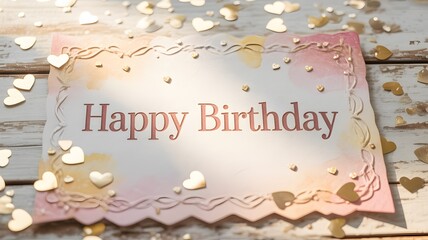 A delicate and festive happy birthday card adorned with shimmering heart confetti and a soft watercolor gradient background on a rustic wooden surface