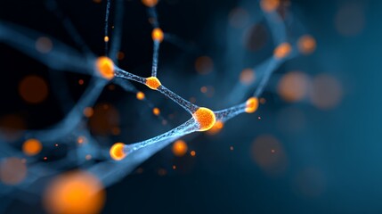 Glowing orange nodes interconnecting in complex digital network, representing neural pathways and artificial intelligence computational infrastructure with luminous data transmission lines