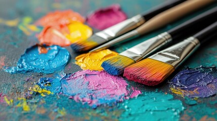 Fototapeta premium A vibrant and colorful array of acrylic paints with paint brushes arranged on a neutral textured surface representing the creativity and expression of endeavors