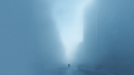 Multiple people walking through foggy urban street in daytime