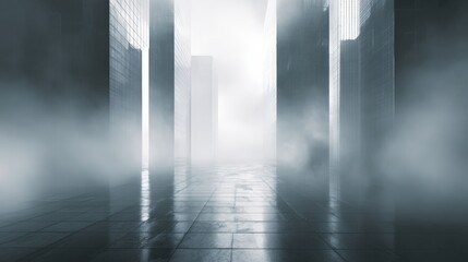 Mysterious urban landscape with fog and reflections