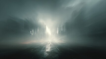 Foggy cityscape with skyscrapers and traffic streaks in urban setting