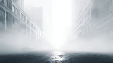 Two cars driving through thick fog on urban street