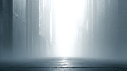 Futuristic abstract architecture in foggy urban landscape