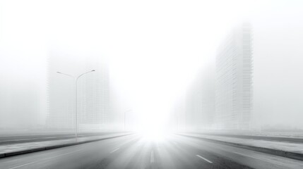 Mysterious city street shrouded in heavy fog during daytime