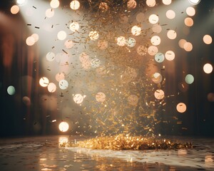 Golden glitter and confetti erupting in a dazzling display against a blurred background of warm bokeh lights