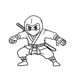 Black and white outline of ninja cartoon character in action pose, holding katana sword. Perfect for coloring books, comics, and martial arts themed designs