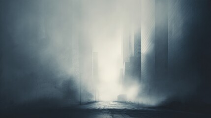 Mysterious city street enveloped in dense fog during daytime