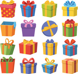 Set of 16 Colorful Gift Box Vector Illustrations with Ribbons and Patterns for Celebration, Holiday, Packaging, and Festive Design Projects