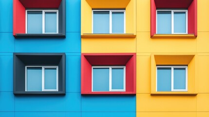 Fototapeta premium Striking geometric patterns in bold vibrant colors cover the facade of a contemporary urban building creating a visually captivating and stylish architectural design
