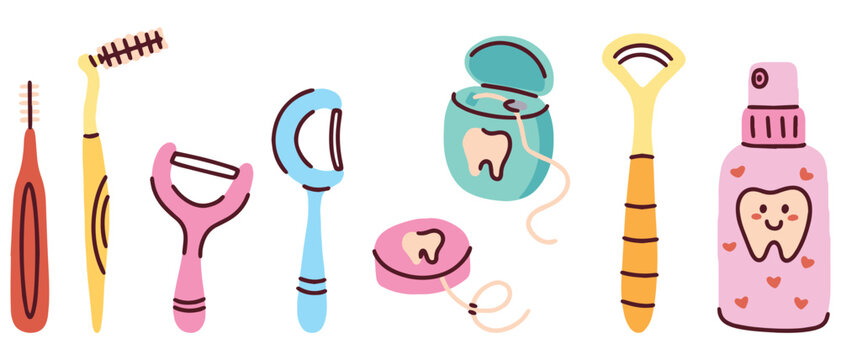 A collection of tools for advanced oral hygiene. Includes floss picks, interdental brushes, and a tongue scraper. Concept of deep cleaning, plaque removal, and fresh breath.