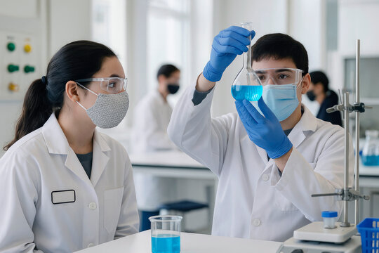 Young students performing a science experiment with a blue liquid in a laboratory