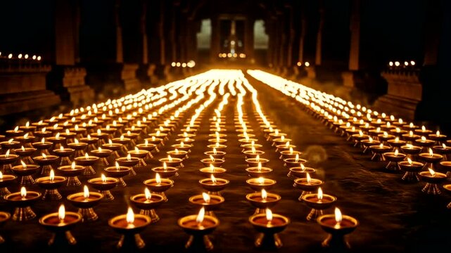 A serene temple illuminated by rows of flickering oil lamps during a festival