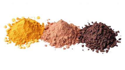 Three piles of colored powder on an isolated black background