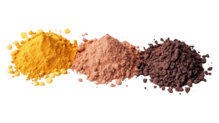 Three piles of colored powder on an isolated black background