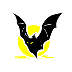 Flying Bat Silhouette with Glowing Eyes and Yellow Full Moon