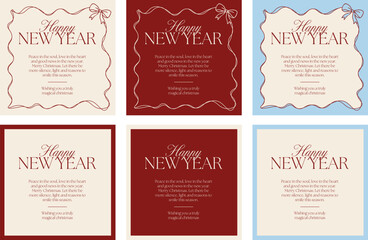 Elegant minimalist New Year greeting card set in beige, red, and light blue colors. Perfect for Christmas and New Year postcards or social media templates