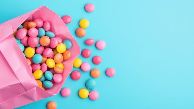 Brightly Colored Candies Spilling from an Open Bag in a Playful Composition  Assortment of colorful and vibrant sweets gummies and jelly beans scattered across a pastel background