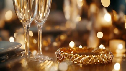 Elegant Dinner Table Setting with Golden Bracelet and Bokeh Lights for Luxury Celebration