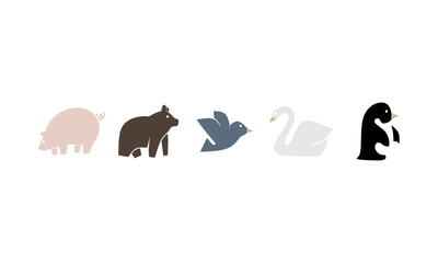 Set of Minimalist Animal Icons: Pig, Bear, Bird, Swan, and Penguin