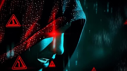 Cybersecurity Threat Alert: Hacker Silhouette in Digital Rain with Warning Signs