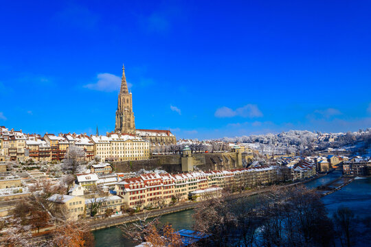 View of the Aare river and old town of Bern at winter in Switzerland