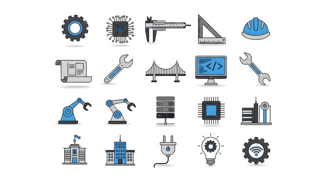 A collection of various engineering and technology icons in a flat design style.