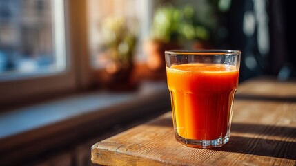 A bright glass of freshly squeezed orange juice sits on a wooden table, illuminated by warm sunlight from a window.