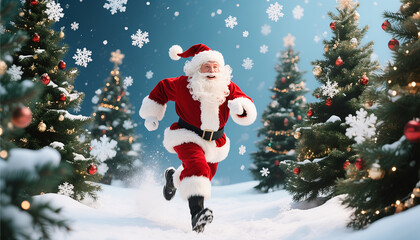 Happy Santa running through snowflakes with decorated pine trees