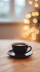 Obraz premium Christmas lights reflecting in cup of coffee on wooden table, minimal cozy atmosphere, Selective Focus, Copy Space