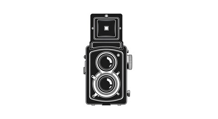 A black and white illustration of a vintage twin-lens reflex camera, isolated on a white background.