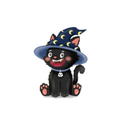 Cute Black Cat Wearing Wizard Hat