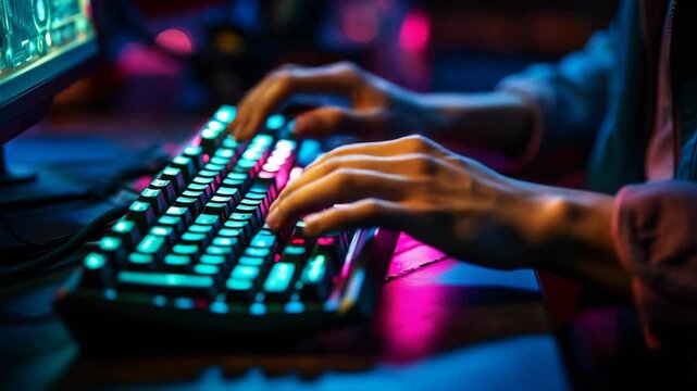 Gamer's hands typing on illuminated RGB gaming keyboard