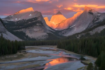 Majestic yosemite valley peaks bathed in the warm golden glow of a fiery sunset reflected in the serene merced river