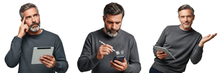 Digital note‑taking and sketching on tablet with stylus by mature professional in studio, productivity workflow set — Isolated on transparent background, png