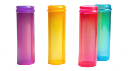 Four colorful translucent bottles standing side by side