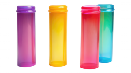Four colorful translucent bottles standing side by side