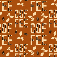 Coffee pattern with stylized letters and coffee beans and twigs. Bright orange background.