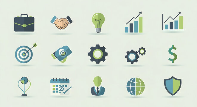 A collection of business and finance icons presented on a light background.