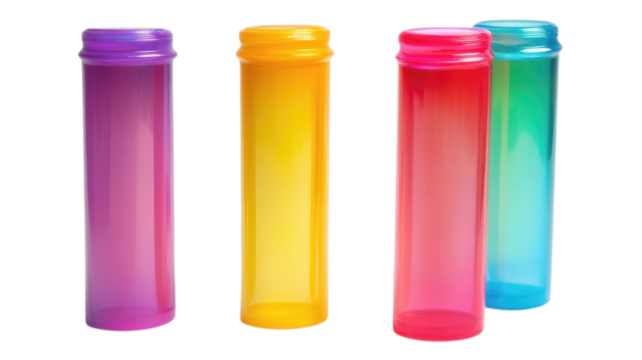 Four colorful translucent bottles standing side by side