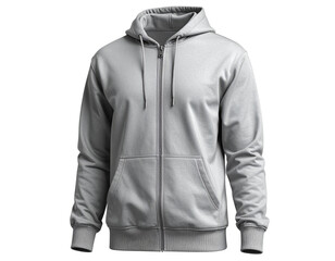 Casual Grey Hoodie with Zipper and Adjustable Drawstrings isolated on transparent background PNG