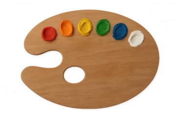 Wooden artist palette holding vibrant paint dabs, creative art supplies for drawing and painting, transparent background