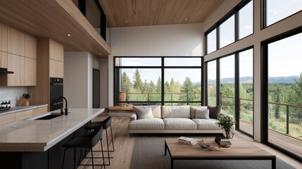 Open concept living room with large windows showcasing a scenic nature landscape featuring a comfortable sofa modern minimalist interior design and an inviting peaceful ambiance