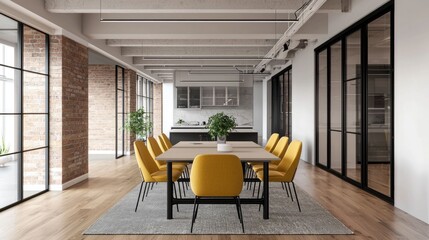 Stylish and modern open plan workspace with a creative and collaborative atmosphere featuring natural light minimalist furniture and a cozy yet professional ambiance