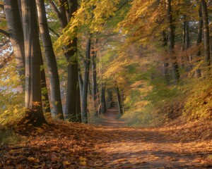 Sunlight filters through a vibrant autumn forest illuminating a leaf strewn path inviting exploration and contemplation of nature s beauty