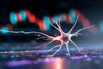 Close-up of a glowing neural network pattern overlaid on a rising stock chart; macro perspective with blurred code and charts, neon purple-cyan color palette, dynamic techy composition