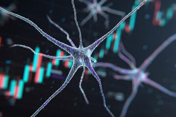 Close-up of a glowing neural network pattern overlaid on a rising stock chart; macro perspective with blurred code and charts, neon purple-cyan color palette, dynamic techy composition