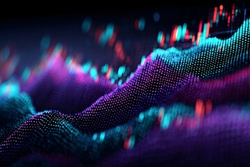 Close-up of a glowing neural network pattern overlaid on a rising stock chart; macro perspective with blurred code and charts, neon purple-cyan color palette, dynamic techy composition